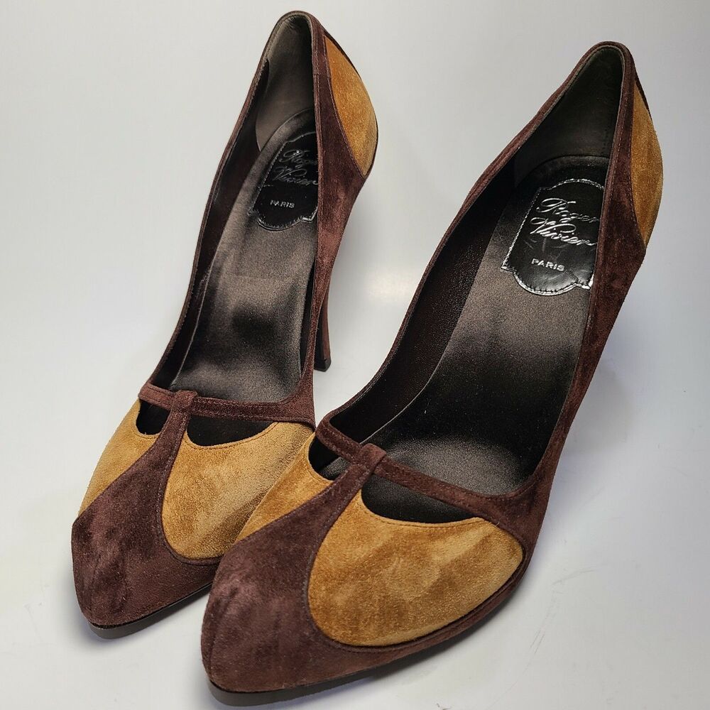 Roger Vivier women heels Pump Paris 2-tone brown Leather suede sz 37.5 7.5 new - Picture 3 of 10
